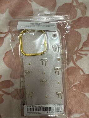 Clear Glitter Bow iPhone 14 Pro Case with Gold Accents